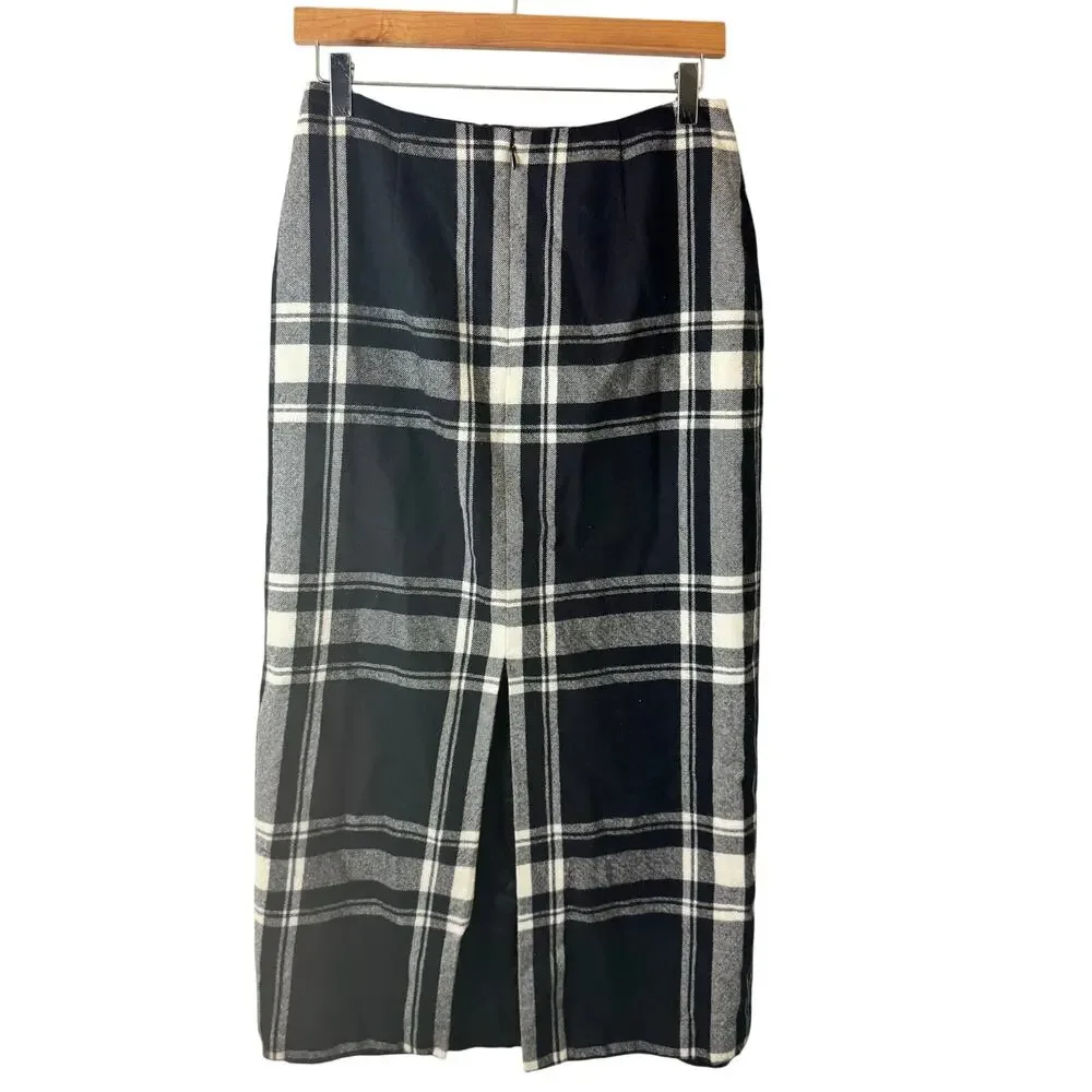 Casual Corner Skirt Women's Wool Maxi Plaid Black Dark Academia Preppy Pencil